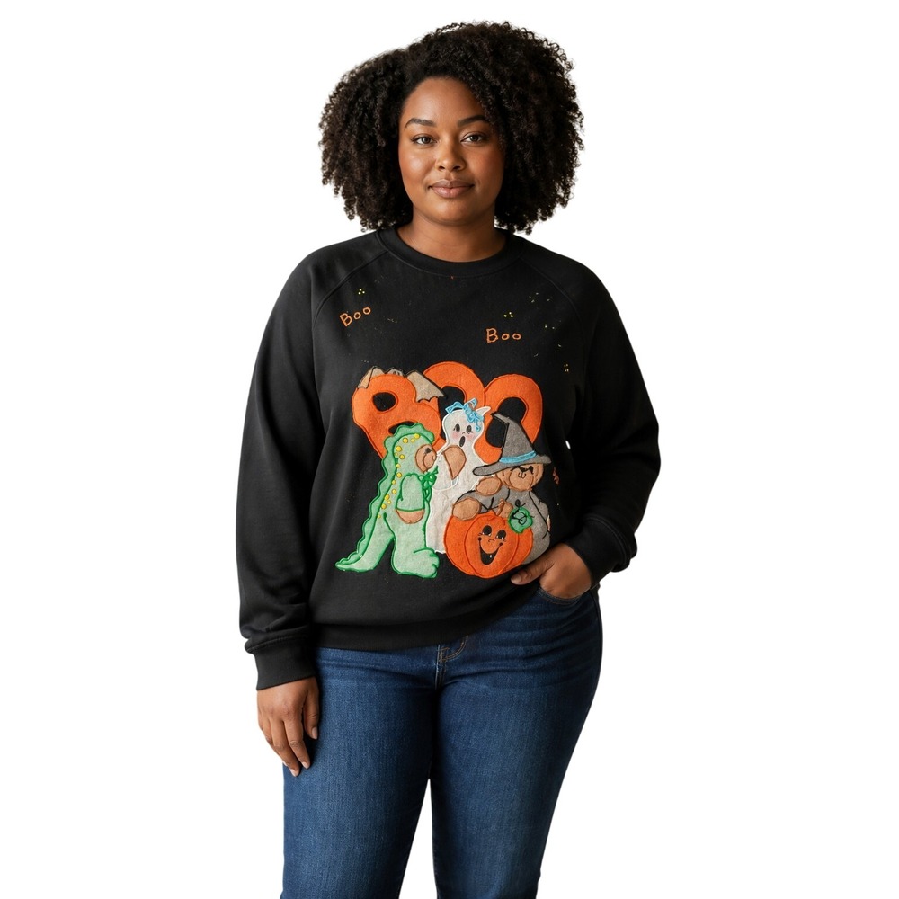 Jerzees 1980's Halloween Sweatshirt Women XXL Black Vintage Boo Puff Paint
